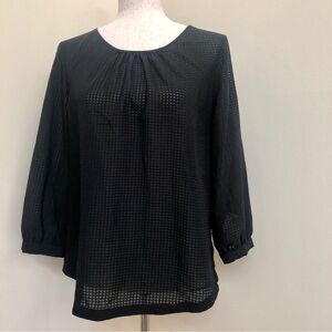 J. Crew. 3/4 Sleeve Semi Sheer Textured Grid Pattern Blouse. Black. Small